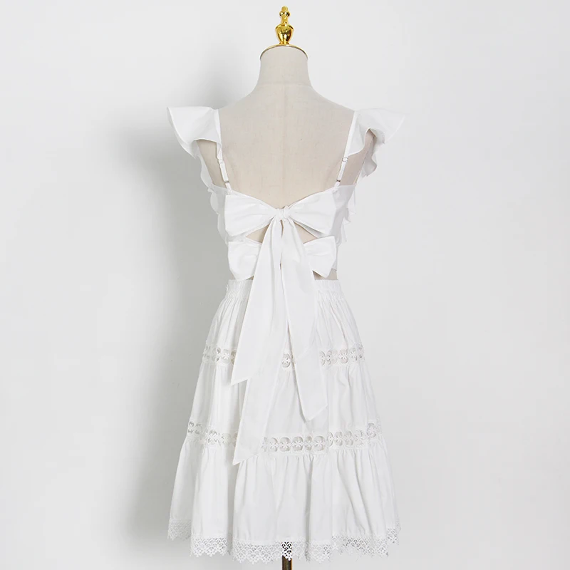 

VGH White Patchwork Ruffle Two Piece Set For Women Square Collar Sleeveless Tops High Waist Lace Skirts Sexy Sets 2021 Summer
