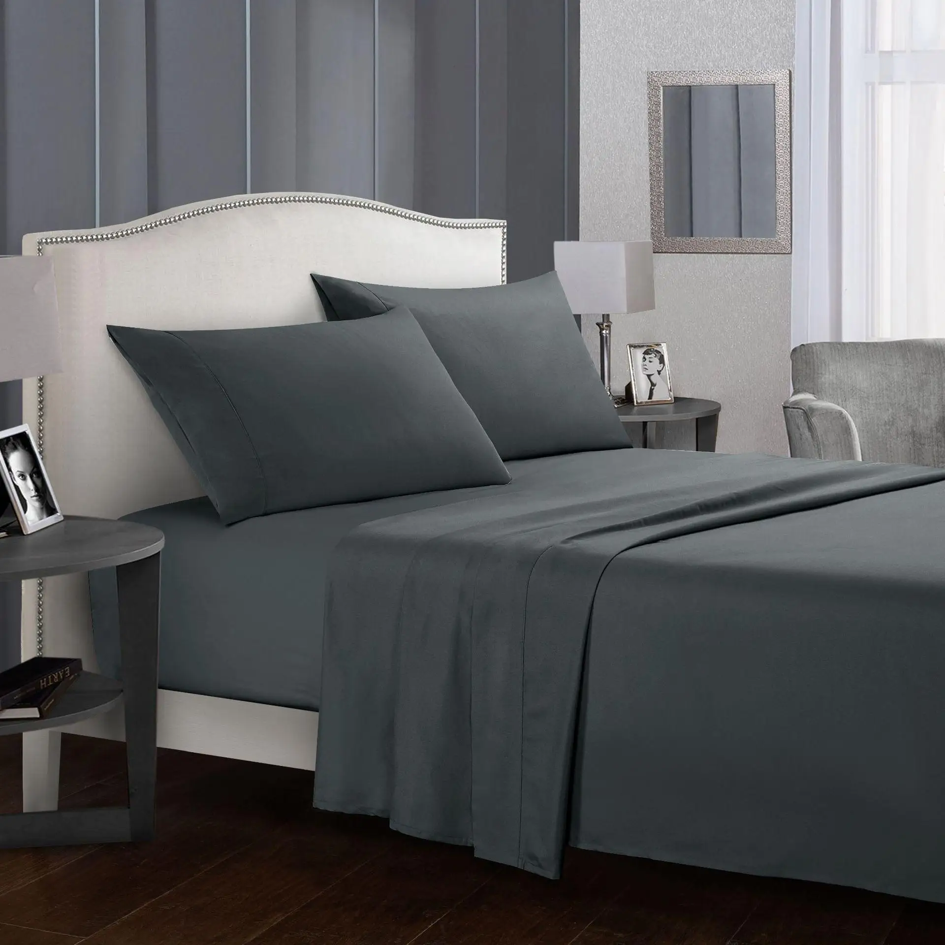 

Pure Color Bedding Set Bed Linens Flat Sheet+Fitted Sheet+Pillowcase Queen/ King Size Gray Soft comfortable white Bed set40