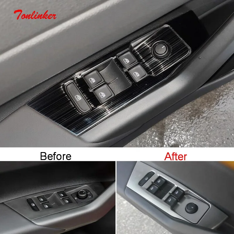 

Tonlinker Interior Windows Control Panel Cover Sticker for Volkswagen POLO 2019 Car Styling 4 PCS Stainless steel Cover Sticker