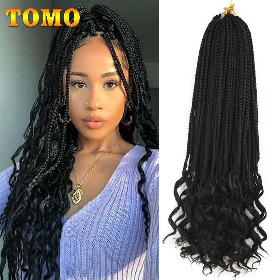 

TOMO Box Braids Crochet Hair With Curly Ends 14 18 24 Inch 3X Ombre Box Braids Synthetic Hair Extension For Black Women 22Roots