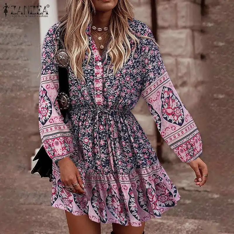 

Женский праздничный сарафан ZANZEA в богемном стиле с цветочным принтом, весна 2022, модное плявечерние ное вечернее платье с длинным рукавом, же...