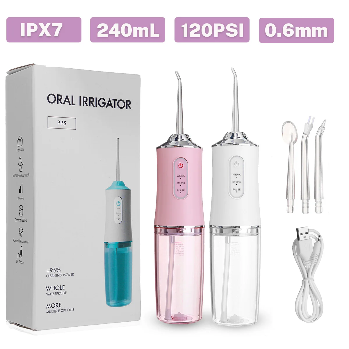 

Oral Irrigator Portable Dental Water Flosser USB Rechargeable Water Jet Floss Tooth Pick 4 Jet Tip 240ml 3 Modes IPX7 0.6mm
