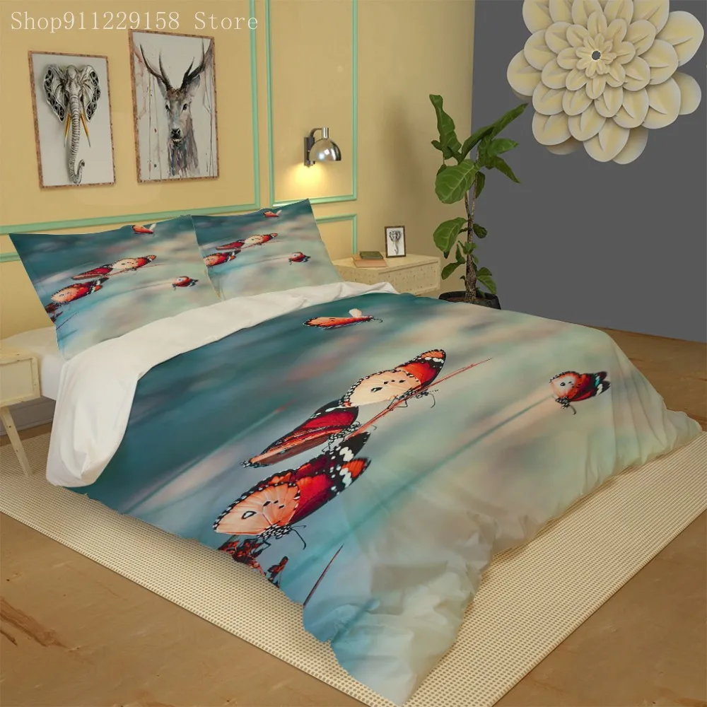 

3Pcs Blue Quilt Cover With Bird Pattern Bed Cover Valentine's Day Couple Bedding Cover 3D Printed Microfiber Duvet Cover