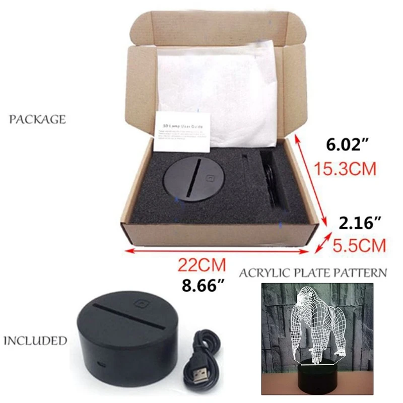 

Creative Visual 3D Ape Animal Acrylic Table Night Light 7 Color LED Desk Lamp Touch Stereo Lighting Illumination Decor