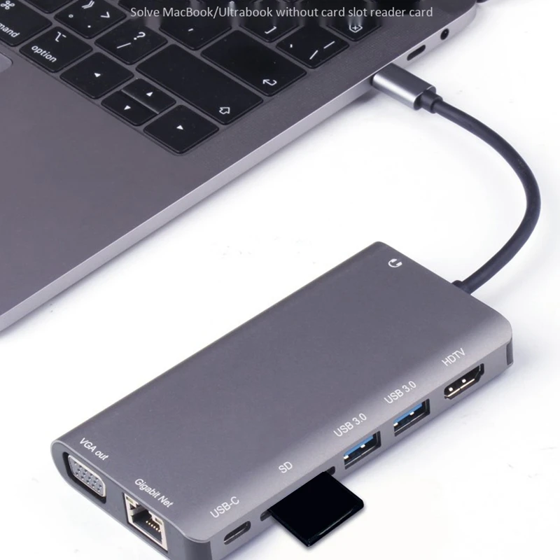 

8 in 1 USB C HUB, Type C to HDMI+VGA+2XUSB3.0+SD Card Reader+PD+Gigabit Ethernet Port+Audio for PC Laptop