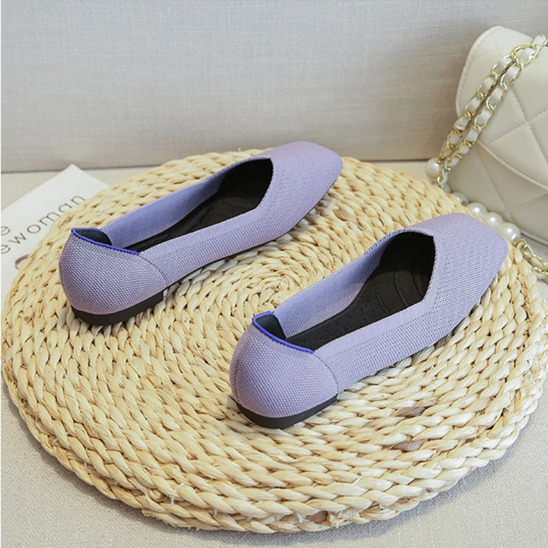 Women's Flat Shoes Breathable Ballet Shoes Shallow Knit Square Shoes Moccasin Mixed Color Soft Pregnant Shoes Zapatos De Mujer