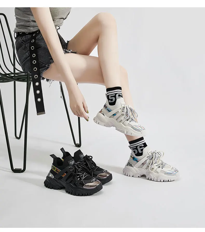 

New Fashion Women's Sports Shoes Thick-soled Old Shoe Round Toe Double Laces Breathable Casual Vulcanized Shoes