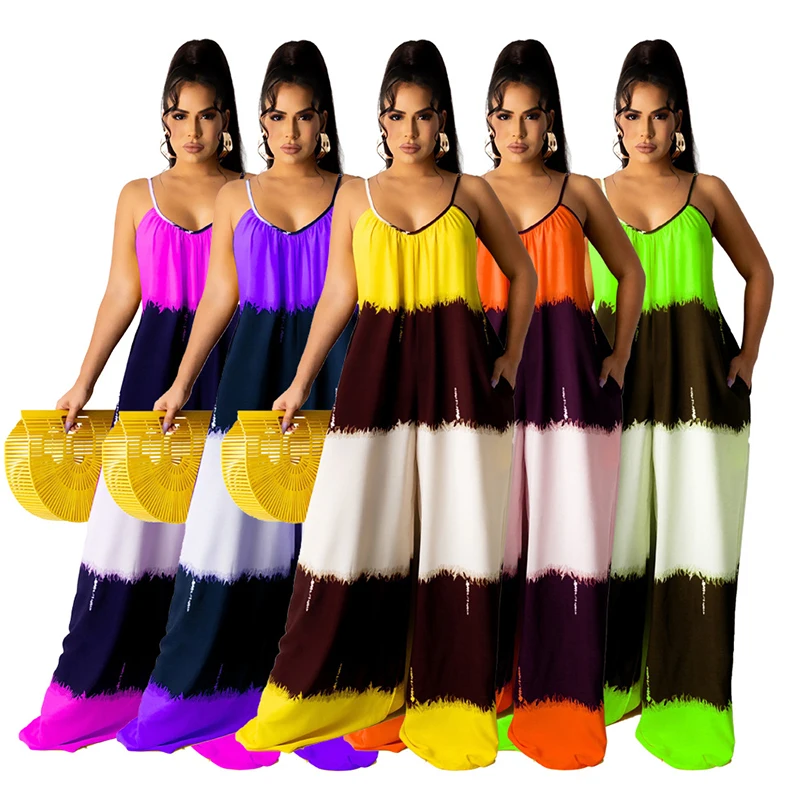 

Patchwork Spaghetti Strap Loose Jumpsuit Summer Casual Outfits for Women Wholesale Items One Piece Wide Leg Pants Romper