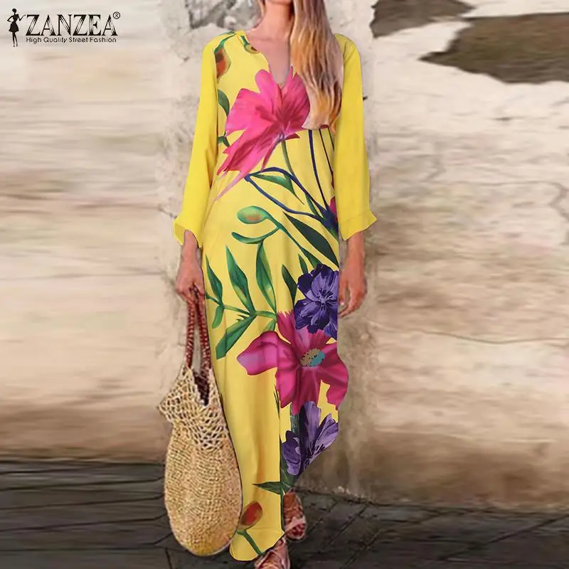 Autumn Women V Neck Long Sleeve Maxi Dress ZANZEA Bohemian Floral Printed Sundress Casual Holiday Beach Long Vestidos Kaftan