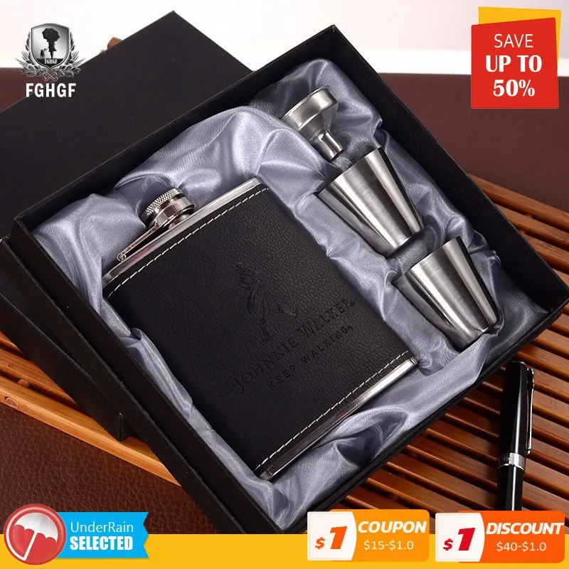 

7 4PCS/set Oz Stainless Steel Leather Wine Whiskey Flask Hip Bottle Alcohol Cup Kettle Cups Funnel Mug For Travel Outdoor Gift