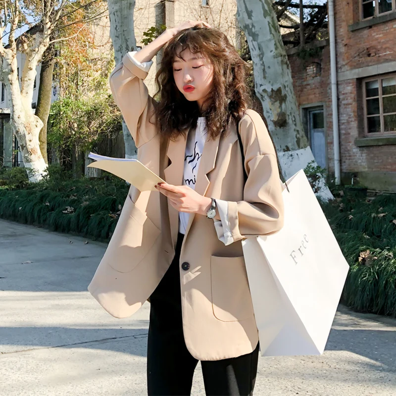 Женский Повседневный Блейзер свободный однотонный бежевый пиджак с длинным