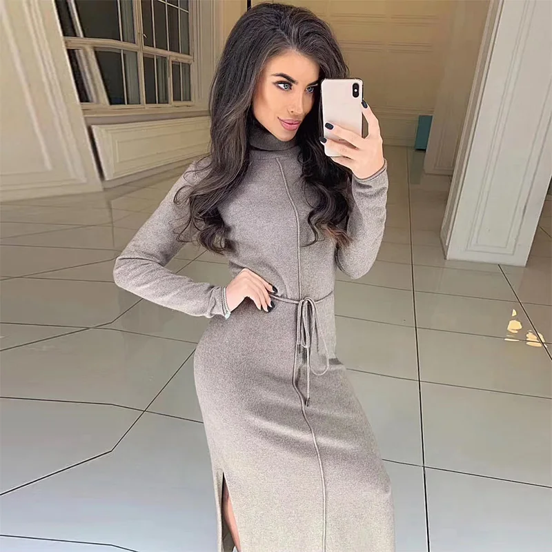 платье свитер женское осень зима с высоким воротником и длинным рукавом