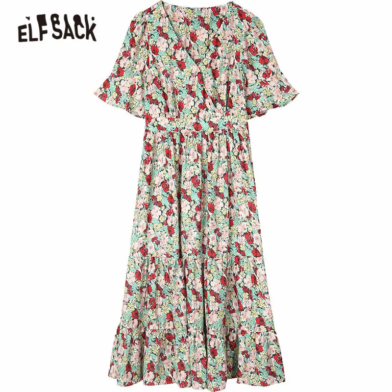 ELFSACK Multicolor Disty Floral Print Casual Midi Chiffon Dresses Women 2020 Summer ELF High Waist Korean Ladies Holiday Dress | Женская