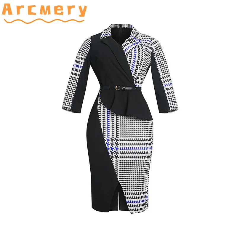 

Women Half Sleeve Houndstooth Printed Office Lady Elegant Party Dress