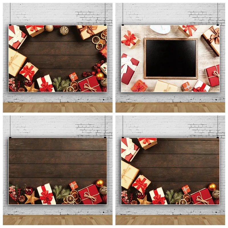 

Christmas Gift Box on Brown Wooden Board Portrait Photography Background Party Decors Photo Video Backdrop Photocall
