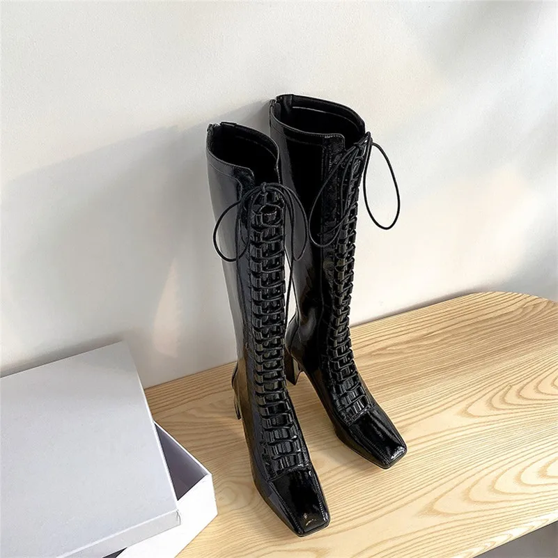 

ANNYMOLI Women Long Boots Shoes Square Toe Chunky Heels Knee High Boots Lace Up Zip Fashion Ladies Boots Autumn Winter Brown 40