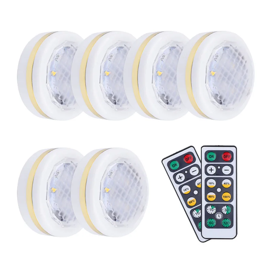 

6 Lamps 2 Remote Controller Battery Powered Round Led Cabinet Light Portable Emergency Lighting Stairs Drawer Closet