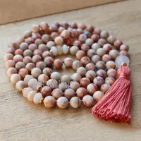 MN36778 108 Mala Beads Redline Marble Mala Necklace Pink Aventurine Meditation Beads Yoga Jewelry Tassel Necklace Boho Jewelry