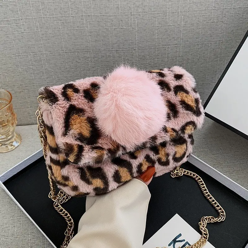Женская сумка в горошек с леопардовым узором зимняя теплая меховая плюшевая