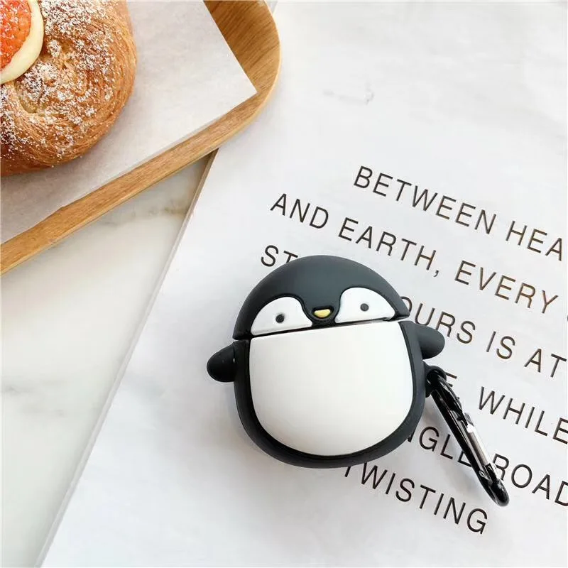 Penguin Чехол для AirPods с мультяшным рисунком, чехол для наушников для Apple Airpods 2, чехол для зарядки, защитные аксессуары, крючок карабина - Цвет: Penguin