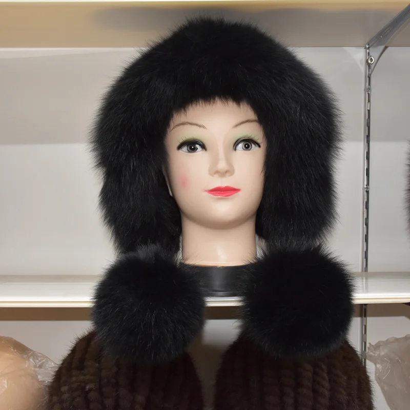 black Меховые вязаные шапки из норки, женская меховая шапка из меха лисы, женская шапка из натуральной норки, зимняя теплая - Цвет: black