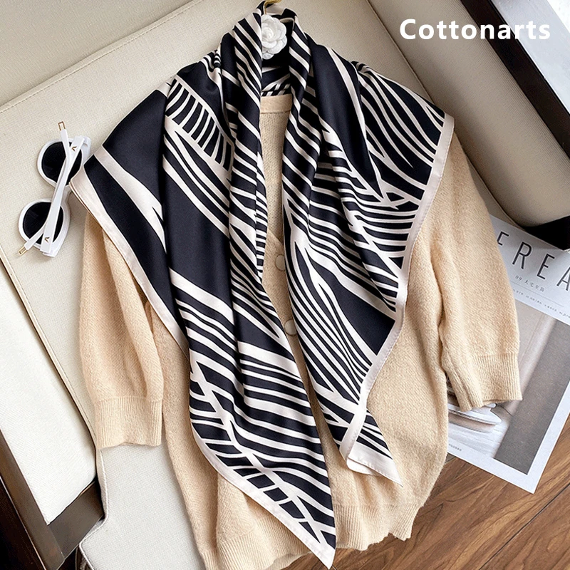 

Luxury 90CM Double-sided Striped Silk Scarf Muslim Women Hijab Designer Square Scarves Lady Handkerchief Temperament Silk Shawls