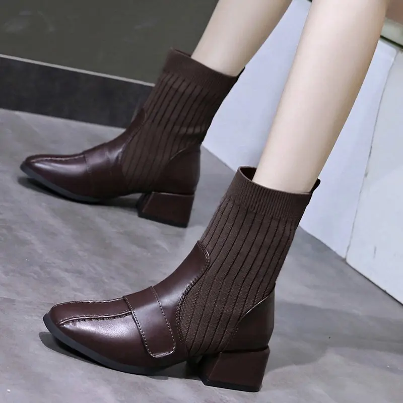 

2021 Fashion Square Toe Ankle Boots Cow Leather Knitting Slip on Women Shoes Winter Square Heel Short Boots Size 34-39