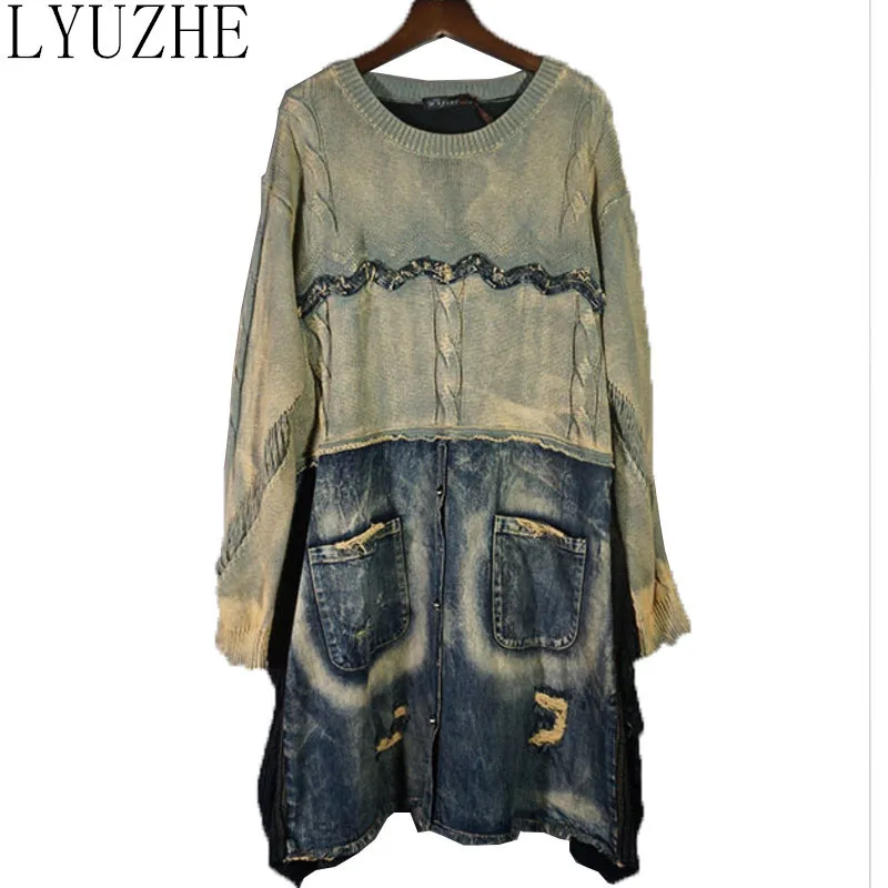 

LYUZHE Vintage Denim Patchwork Women Sweater 2021 Autumn Stitching Color Pullover Knitted Plus Size Knitted Coat Green QDY277