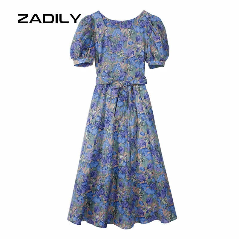 

ZADILY Beach Style Chic Women Floral Dress Lantern Sleeve Square Collar Sashes Ladies Maxi Dress 2021 Summer Holiday Female Robe