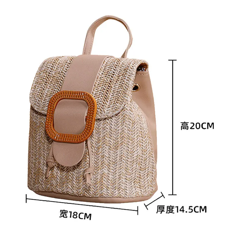 

New Straw Ladies Small Backpack PP Straw Bucket Shoulder Bag Simple Wooden Buckle Design Female Messenger Bag