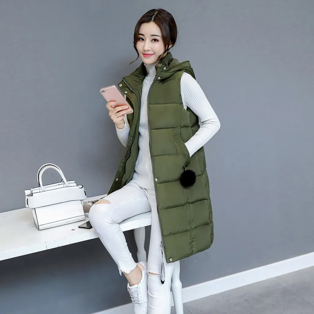 Winter vest women long vest Casual Slim thick warm Autumn hooded sleeveless waistcoat long zipper winter vest female M-3XL