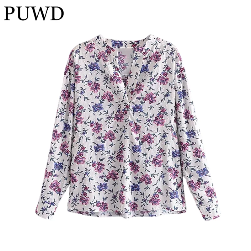 

PUWD Women V Neck Straight Long Sleeve Blouse 2022 Spring Fashion Ladies High Street Casual Shirt Female Printed Shirt Top