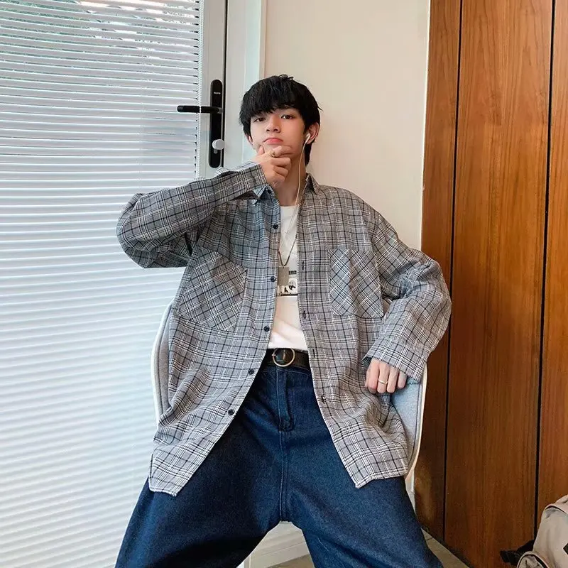 

Harajuku Mens Shirt Plaid Shirt Men Shirts for Men Clothing Checkered Shirt Men Blouse S-3XL 2021 Spring New Arrival