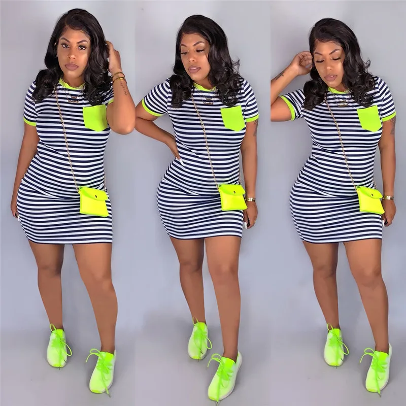 Облегающее мини-платье женское летнее платье в полоску Повседневное с круглым
