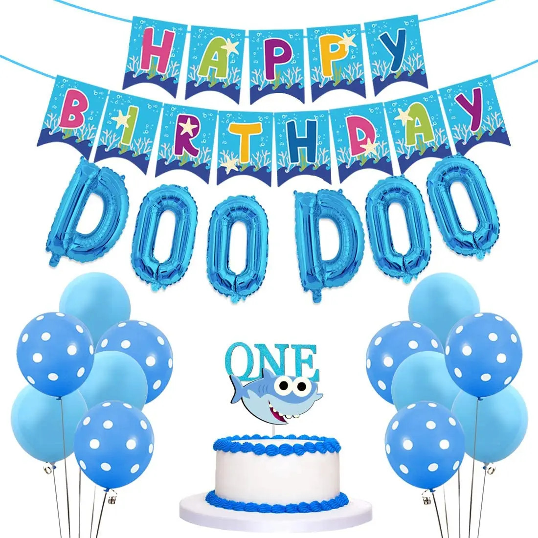 

Shark Party Decorations 1st Birthday Shark Balloons Happy Birthday Banner One Cake Topper for Kids First Birthday Party Supplies