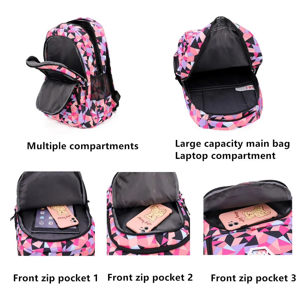 Geometric Prints Primary Backpacks with Lunch Case Kids Schoolbag for Middle School Girls Boys Large Bookbags Mochila Escolars