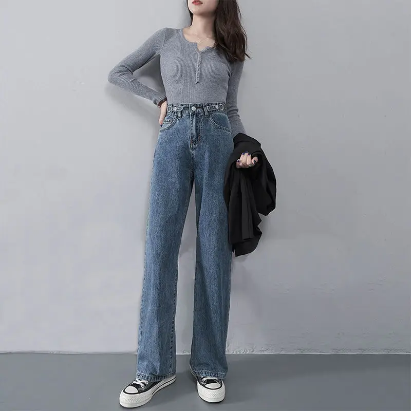 

2020 Autumn New Pleated High Waist Long Wide Leg Pants Jeans Women