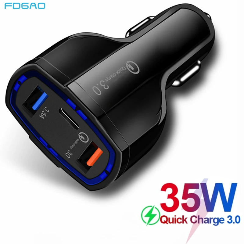 

35W Quick Charge 3.0 QC 3 Ports USB Car Charger for Xiaomi Samsung Huawei QC3.0 Type C Fast Charging For iPhone 13 12 11XS XR 8