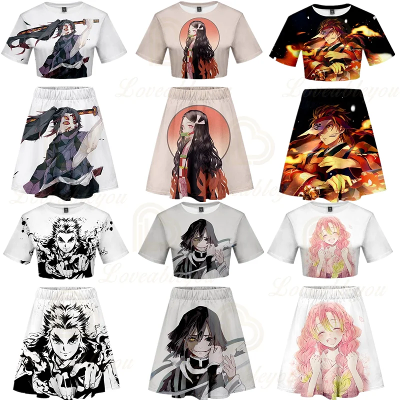 

Kimetsu no Yaiba 3D Printed Women Navel T-shirt Cosplay Costumes Anime Demon Slayer Navel T-shirt and Skirt Suits