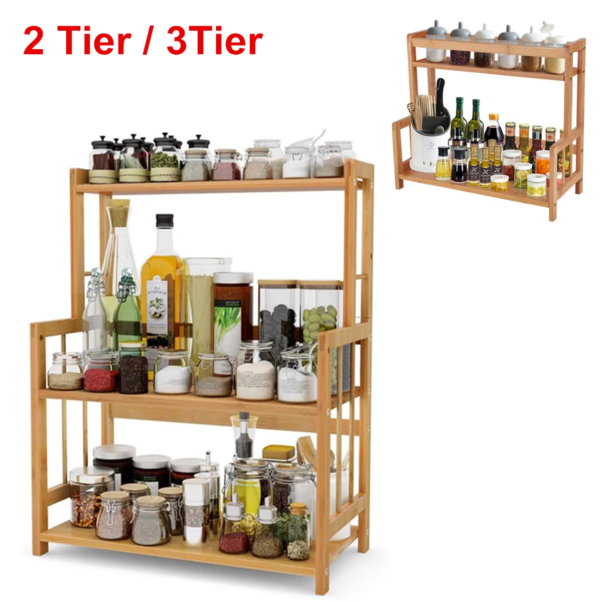 

2/3 Tier Kitchen Storage Spice Organizer Storage Rack Shelf for Home Multi-Function Natural Wood Food Holder Organizer Shelves