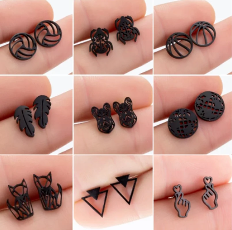 

Mutiple Style Punk Black Earrings for Women Men Small Stainless Steel Cat Dog World Map 2020 Fashion Jewelry Stud
