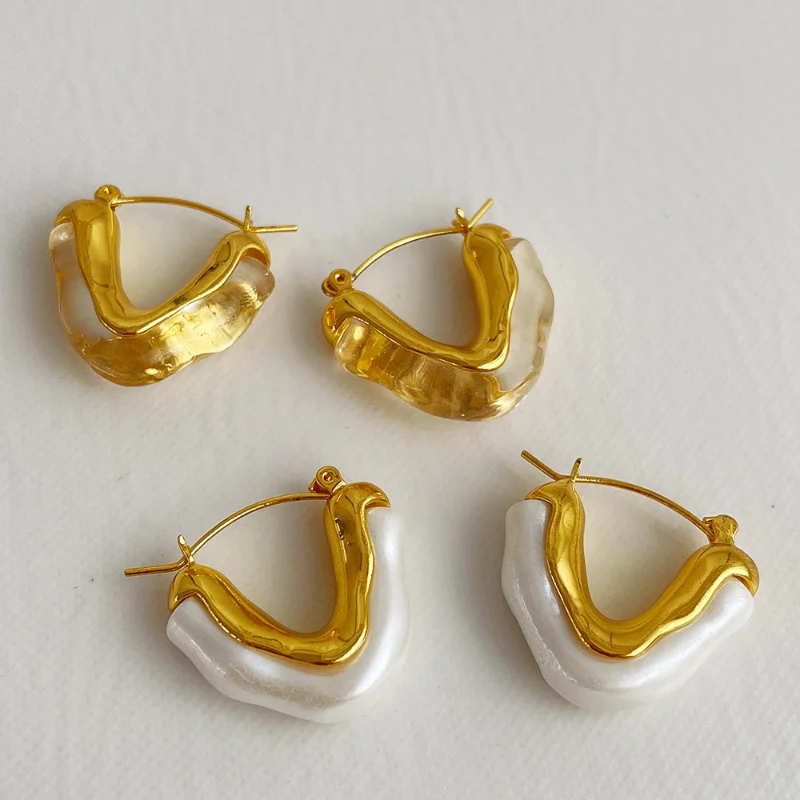 

Korean design sense acrylic metal splicing hollow square earrings for women simple AB type irregular transparent earrings