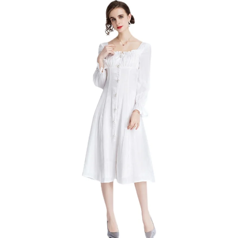 2021 Spring Runway Flare Sleeve Sweet White Dress Women Square Collar Pearl Buttons Down Split Solid Elegant Midi Dress