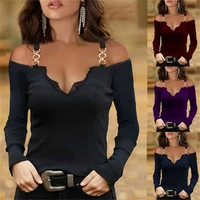 female autumn clothing off shoulder chain halter y2k tops casual lace patchwork tees v neck vintage goth long sleeve t shirts