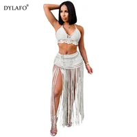 summer women sets dresses knitted beach sexy see through bra and tassel skirts suits sexy two piece set bohotracksuits outfits