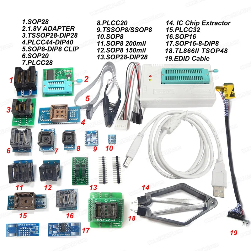 

TL866 TL866ii plus EPROM FLASH программатор с 19 разъемами адаптера, кабель EDID