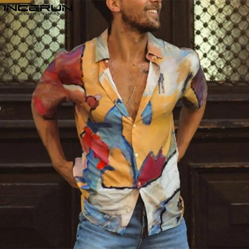 

INCERUN Fashion Men Hawaiian Shirt Printing Vacation Summer Lapel Short Sleeve Casual Men Clothing Button Breathable Camisa 2021
