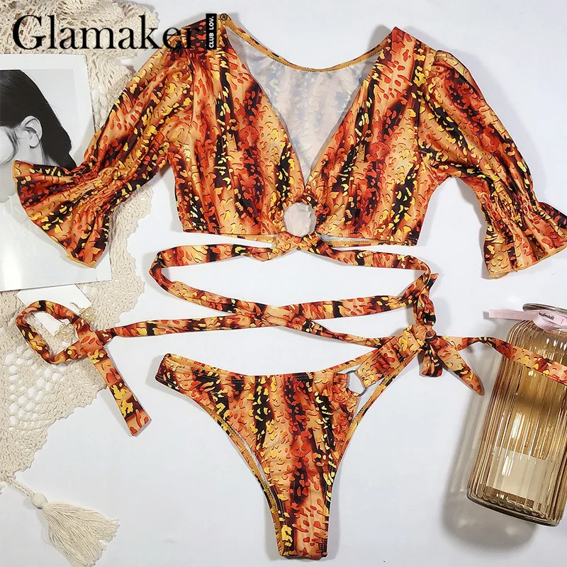 Женский Открытый купальник Glamaker желтый с коротким рукавом бикини высокой талией