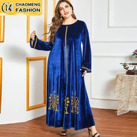 latest plus size dress autumn and winter womens ethnic embroidery long sleeved blue color casual gold velvet dress for women