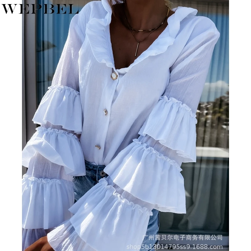 

Рубашка WEPBEL Женская Повседневная однотонная, свободная блузка с оборками и шитьем, модная однобортная сорочка с длинным рукавом и V-образны...